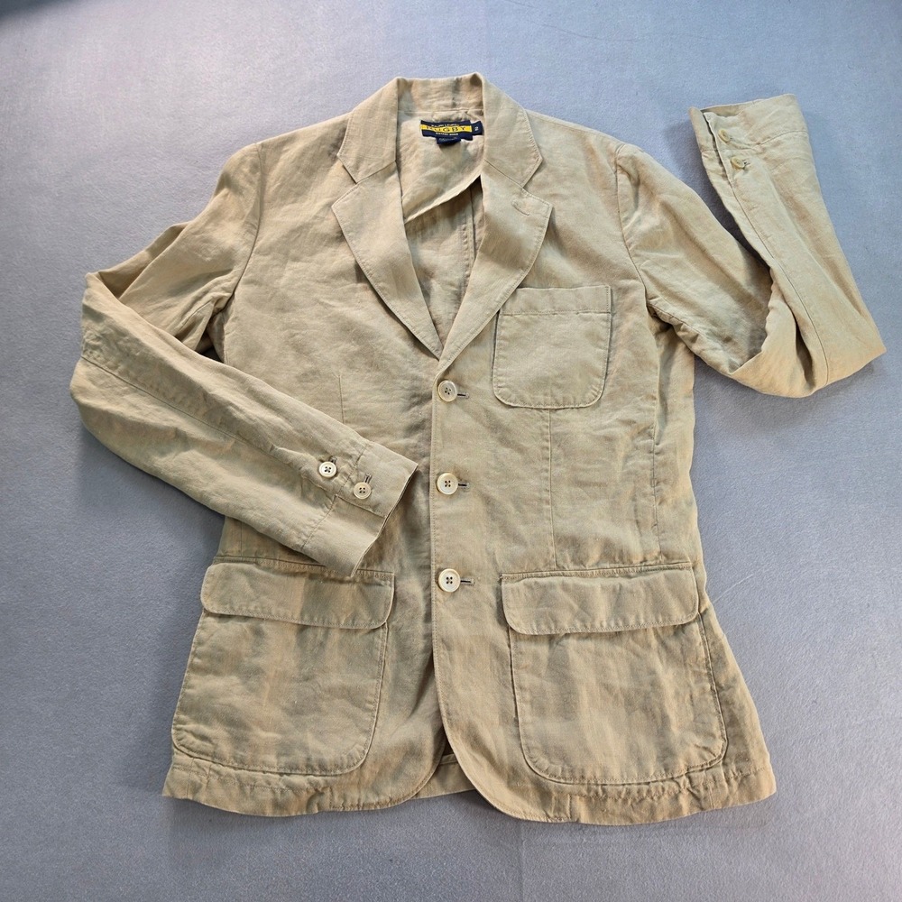 Ralph Lauren Rugby Womens Linen Blazer Jacket Tan 2 Made In Japan Preppy Vintage